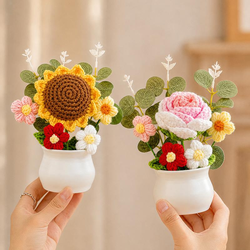 Finished Crochet Sunflowers Potted Graduation Gift Cute Knitting Flowers Handwoven Plant Crochet Flowers Teacher Day Gifts