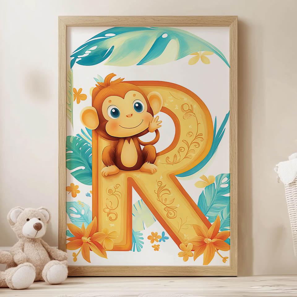 Plakat Małpka Na Literze "R Plakat Małpka Na Literze "R, 50X70 Cm, Rama Drewniana Ciemny Brąz, Papier Matowy 230 Gsm