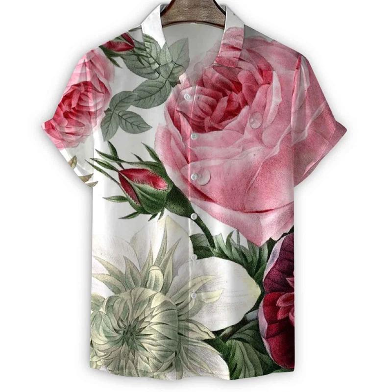 Fashion 3d Print Flower Lapel Shirt Men Summer Short Sleeves Floral Hawaiian Shirts Cool Street Button Loose Blouse Tops Clothes