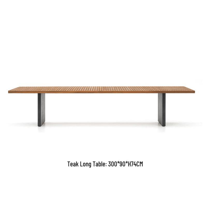 Outdoor Rattan Dining Set: Long Table with Casual Woven Chairs for Garden, Terrace, or Courtyard.