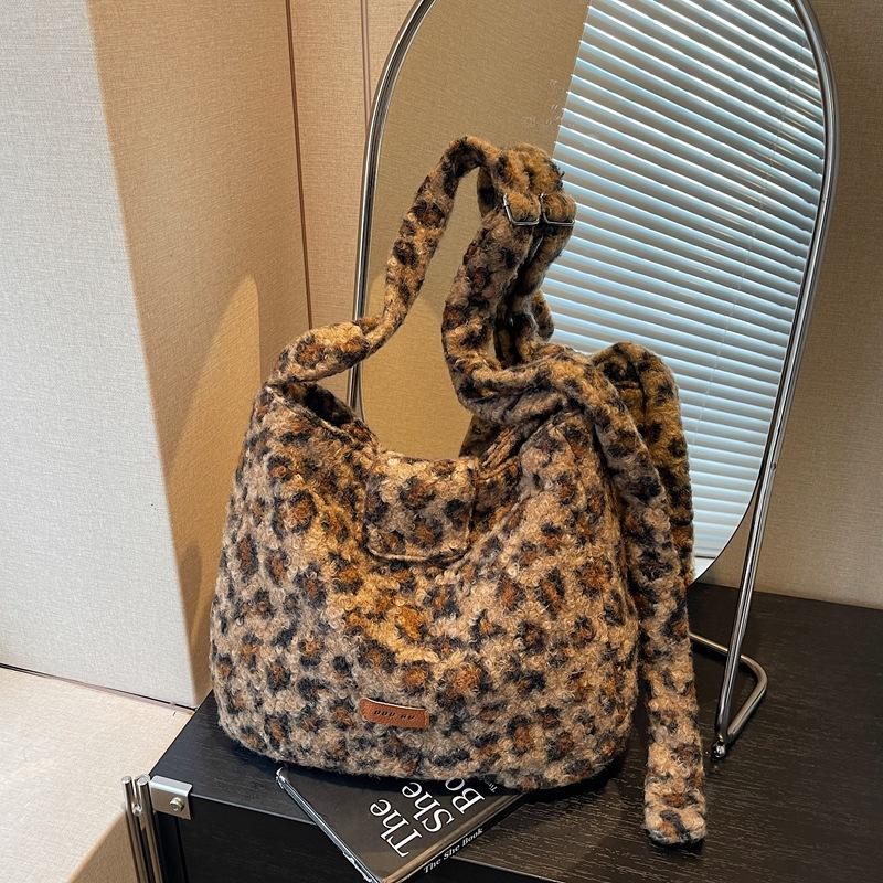 Leopard Print Fur Bag Women's Shoulder Crossbody Bag Vintage Tote Bag