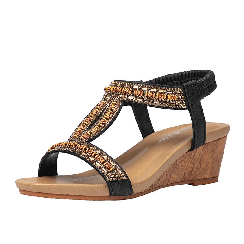 

Wedge sandals women s new pressure drill travel sandals bohemian high heels - 36 чёрный