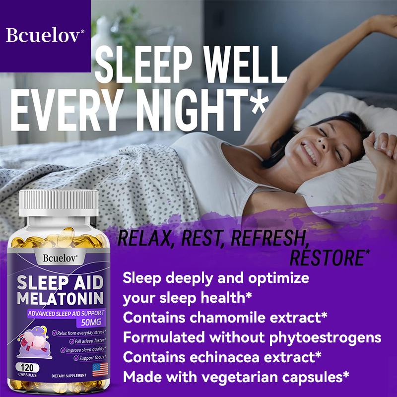 Bcuelov Melatonin Sleep Aid Capsules 50mg Melatonin Magnesium Theanine combined with Chamomile and other herbs improve sleep quality