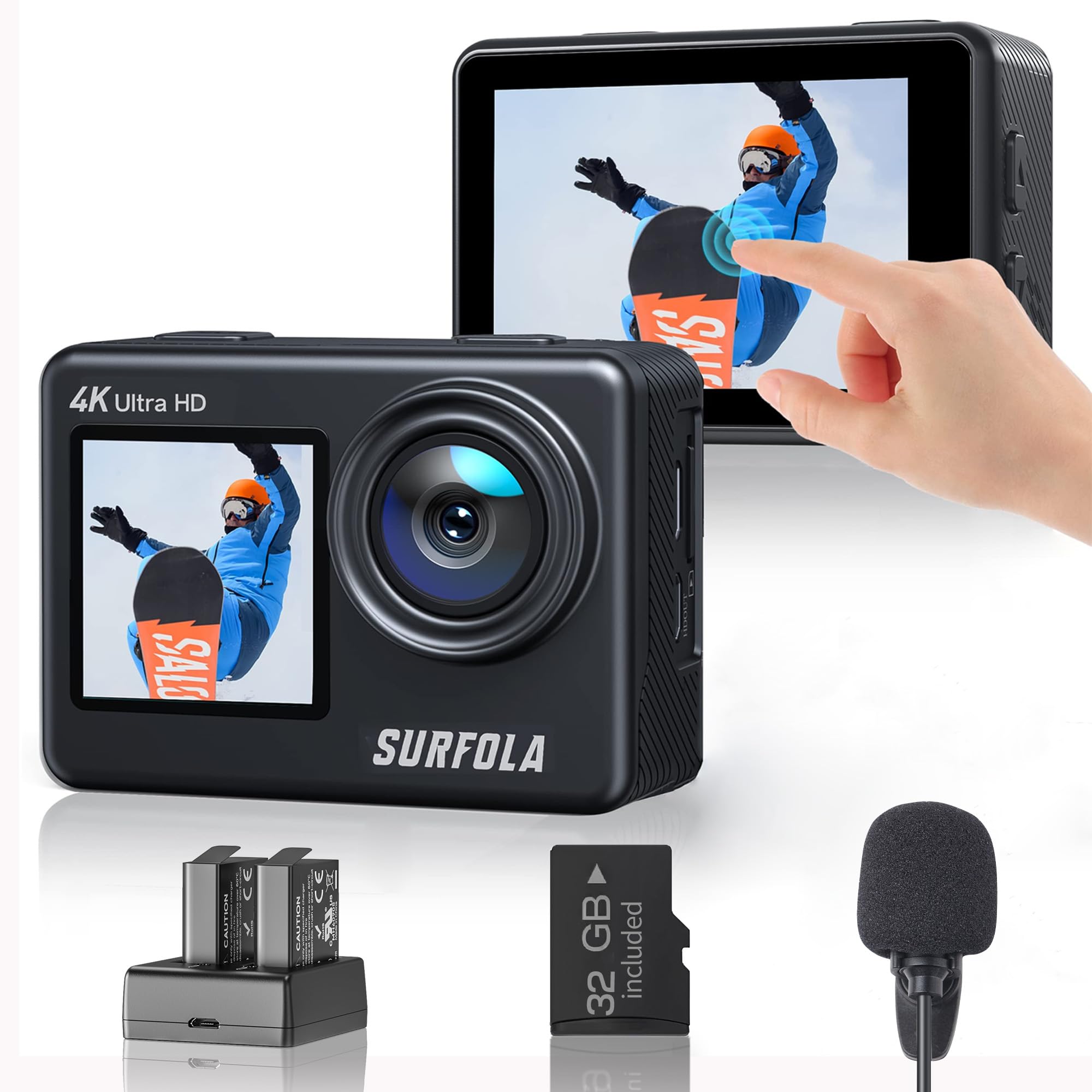 

Surfola SF530Max Action Camera with Wired Microphone and 32GB 4K 24MP Dual Color Underwater Remote EIS Image 40m 1080P HDMI Two HDMI Outputs Wireless