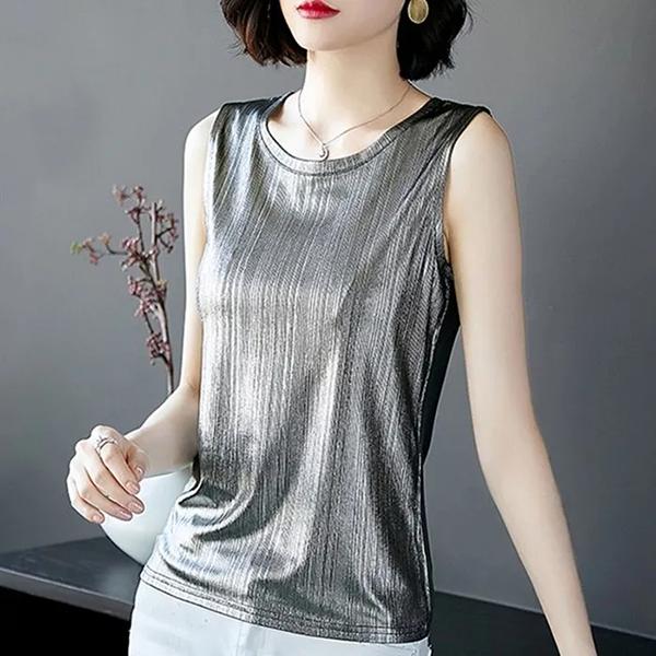 WTEMPO Elegant Shiny Ice Silk Sleeveless Vests Women's Spring Summer Loose Large Size Solid Color Outerwear Tops