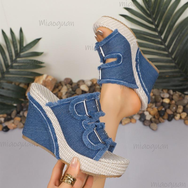 2025 New Women Platform Sandals Straw Weaving Thick Sole Denim Shoes Casual Double Buckle Strap Sandals Slides Women