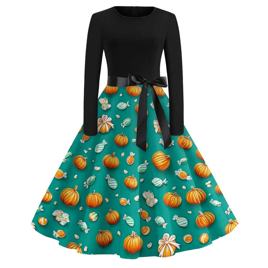 Women's Casual Halloween Print Round Neck Vintage Dress Long Sleeve Fit and Flare Midi Dress with Waist Tie for Seasonal Occasion