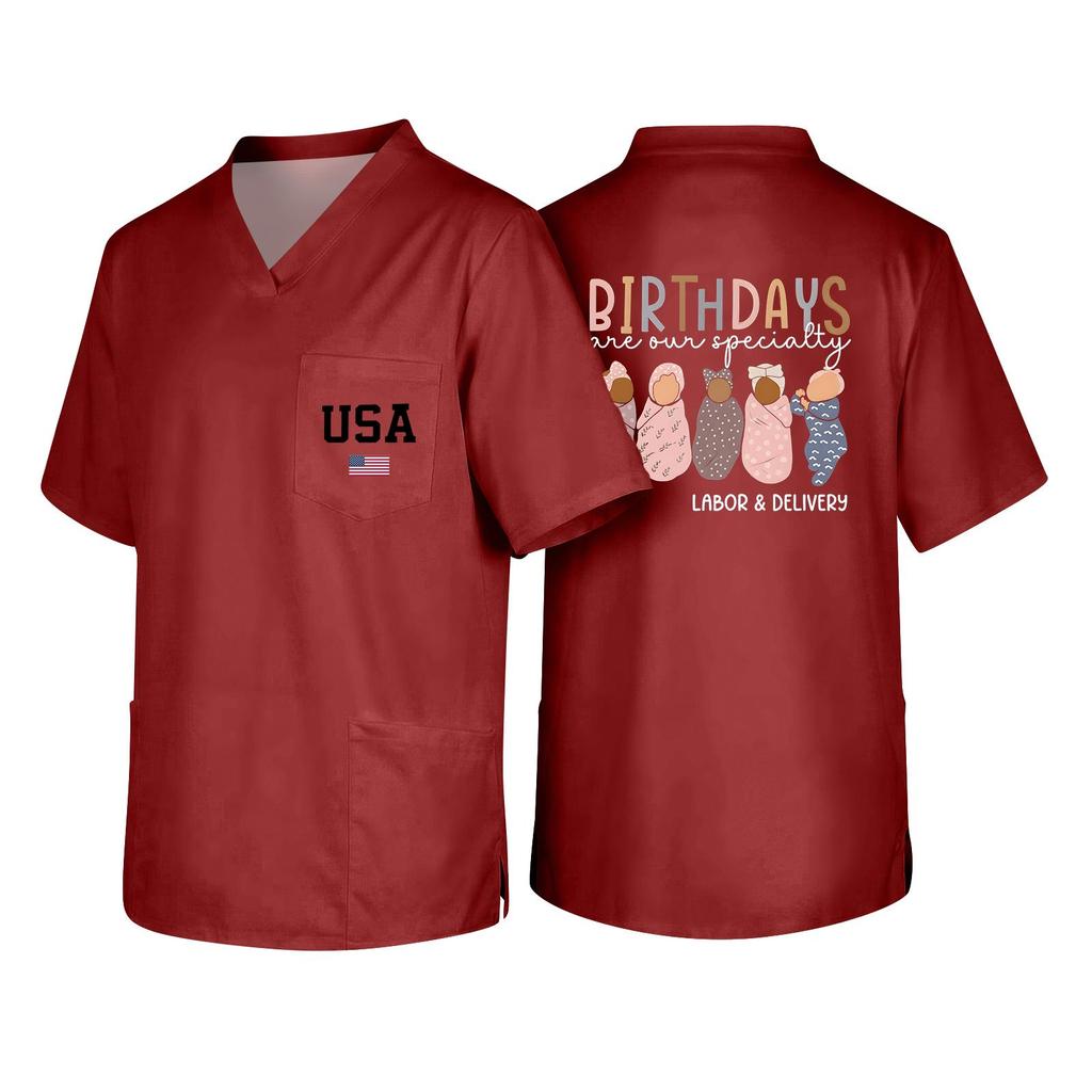 Men's Short Sleeve V-Neck Scrub Top with Pocket - Labor Day Fun Print - Uniform Tunic