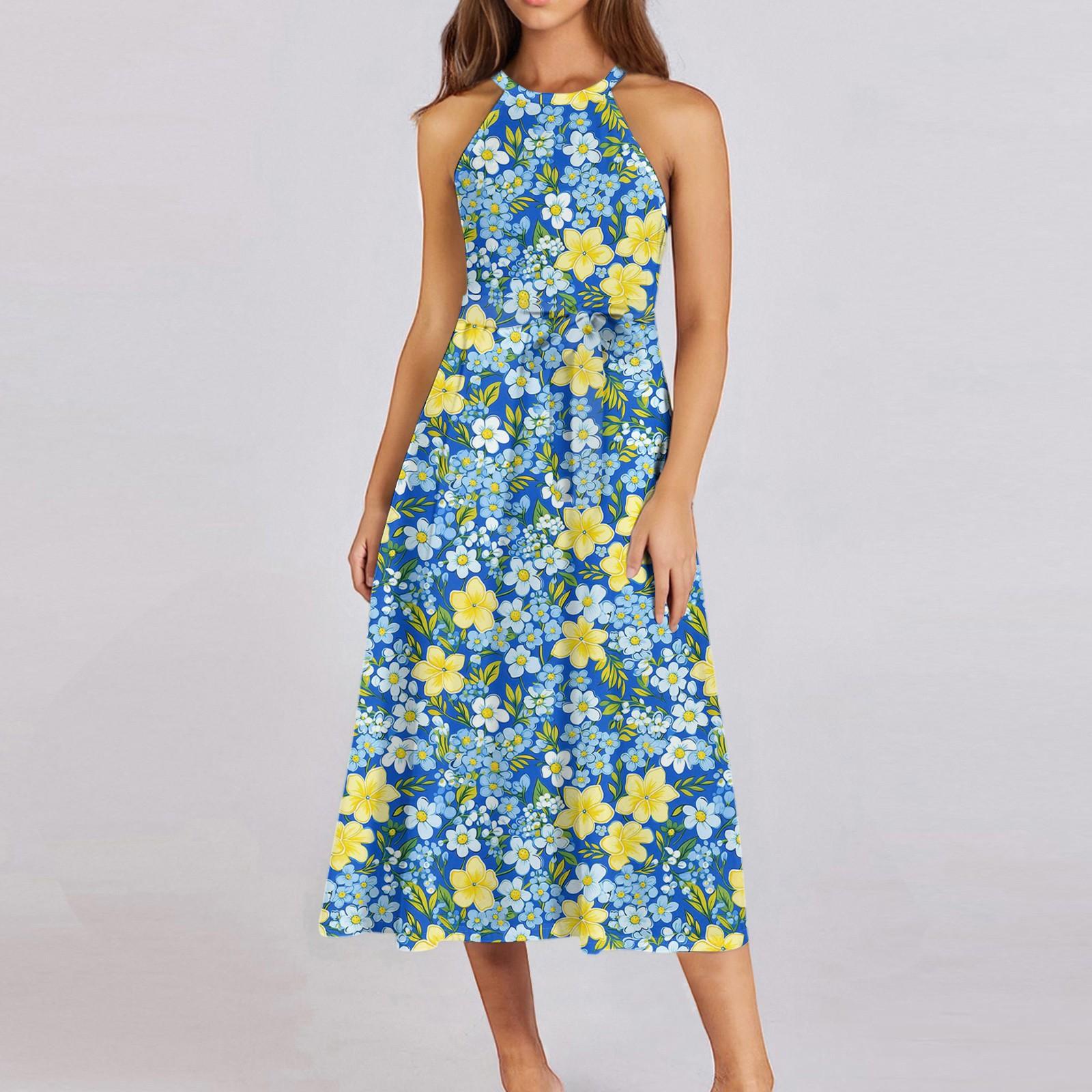 

Женское повседневное платье миди с круглым вырезом, классическое, повседневное, без рукавов, свободное платье в стиле бохо с завязками, летний пляжный сарафан L синий