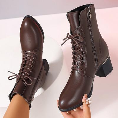 Lucyever Herbst Schnürung Dicke Absätze Stiefeletten Damen Übergröße Reißverschluss PU Leder Stiefel Frau Retro Hochhackige Kurze Stiefeletten Mujer
