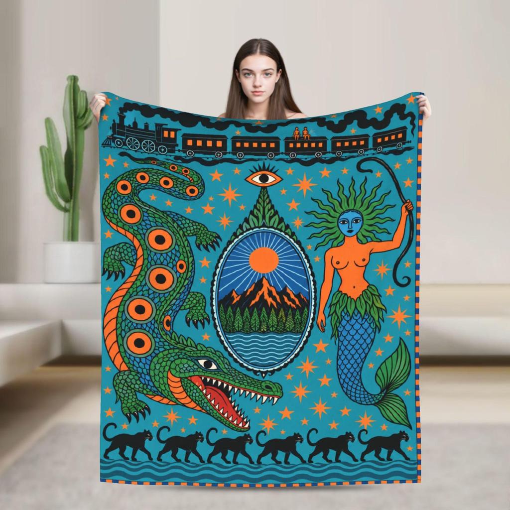Psychedelic Mermaid Blanket Folk Art Crocodile Throw Flannel Decor