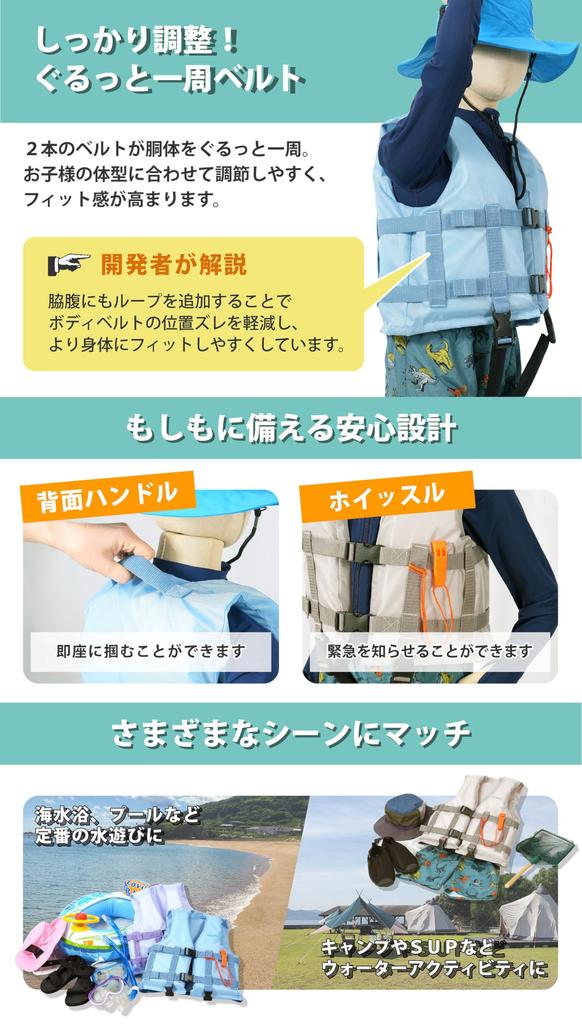 VAXPOT Kids' Floating Vest, Snorkeling Vest, Life Jacket with Foldable Crotch Belt Cover, VA-5251 BLU, 150cm