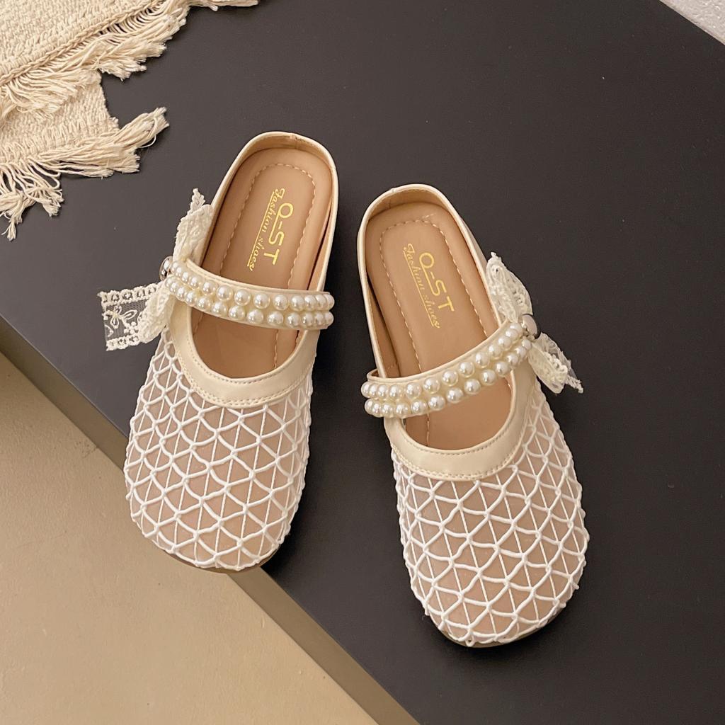 Flat-bottomed French bag head half slippers outer wear women's shoes spring and summer 2025 new mesh breathable soft-soled sandals