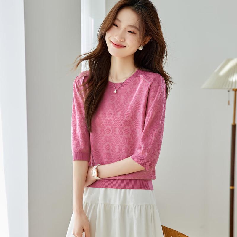 Srcr Women's 3/4 Sleeve Jacquard Knit Wool Blend Sweater