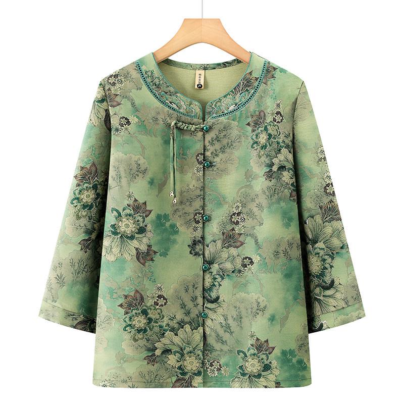 

Summer Collection 2026: Chinese-Style Tops for Elderly Grandmothers - Seven-Sleeved Shirts 2XL - 105-120 lbs зелений