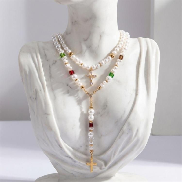 Collana con Perle Finte e Croci in Lega, Delicata sulla Pelle, Stile Retrò Francese, Catena Regolabile per l'Uso Quotidiano