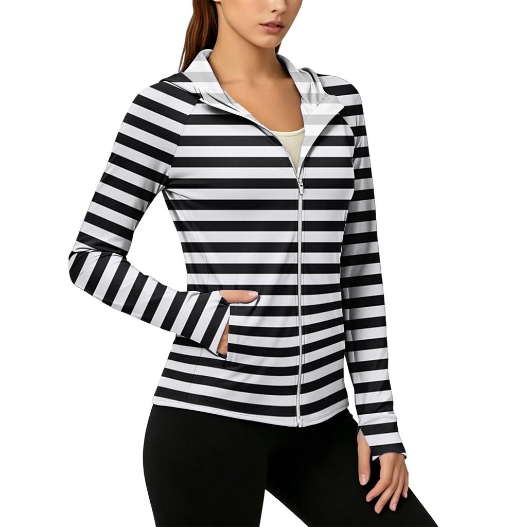 Women Zip Up Hoodie with Pockets Long Sleeve Lightweight Striped Sun Jacket Casual Hooded Top