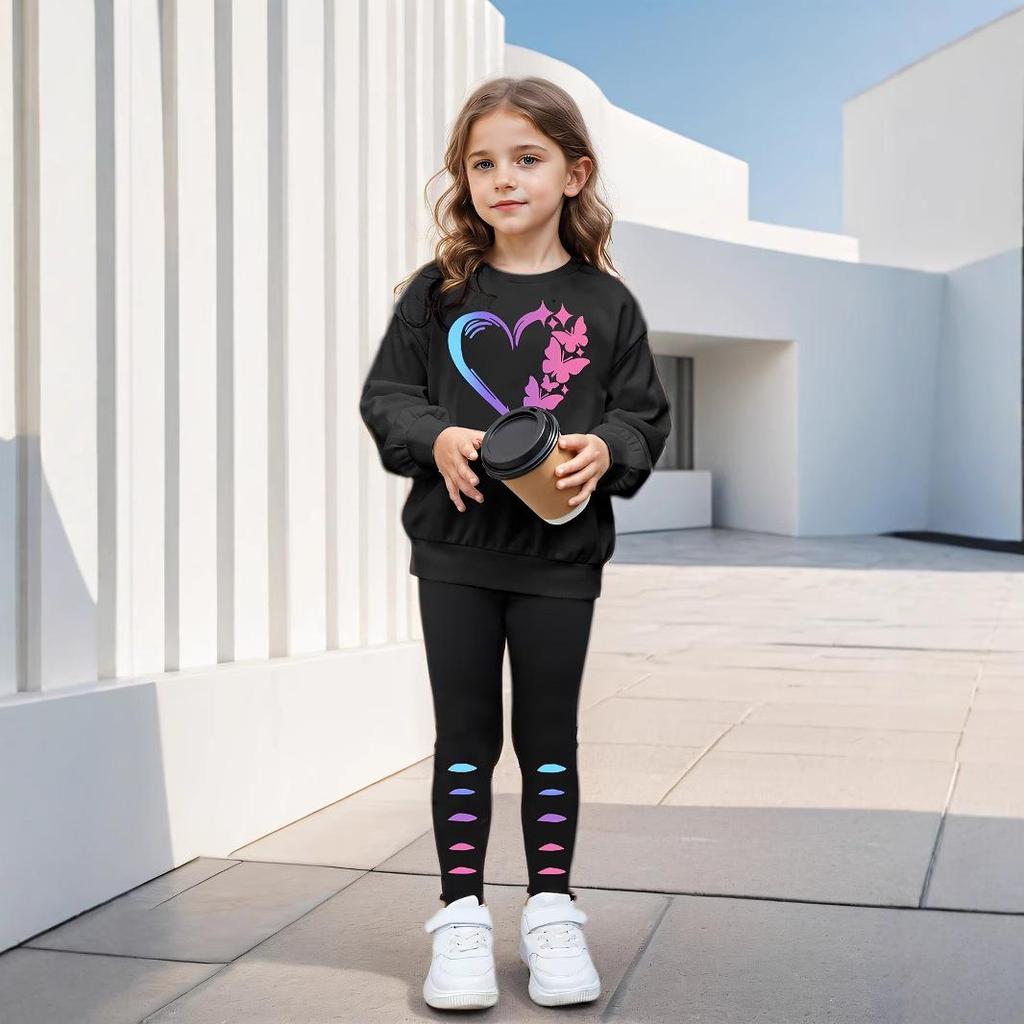 Girls Fashion Suit Summer Children Leisure Love Butterfly Printed Long Sleeve Hoodie Leggings Outdoor Sports Suit