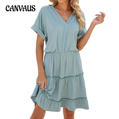 Summer Women's Dress Solid Colour V-Neck Loose Short Sleeve Patchwork Dresses