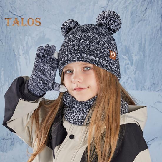 Kids Winter Hat Gloves Scarf Set Cold Weather Knitted Bear Hat with Pom Fleece Lined Neck Warmer Mitten Set for Girls Boys Ages 4-10 Outdoor