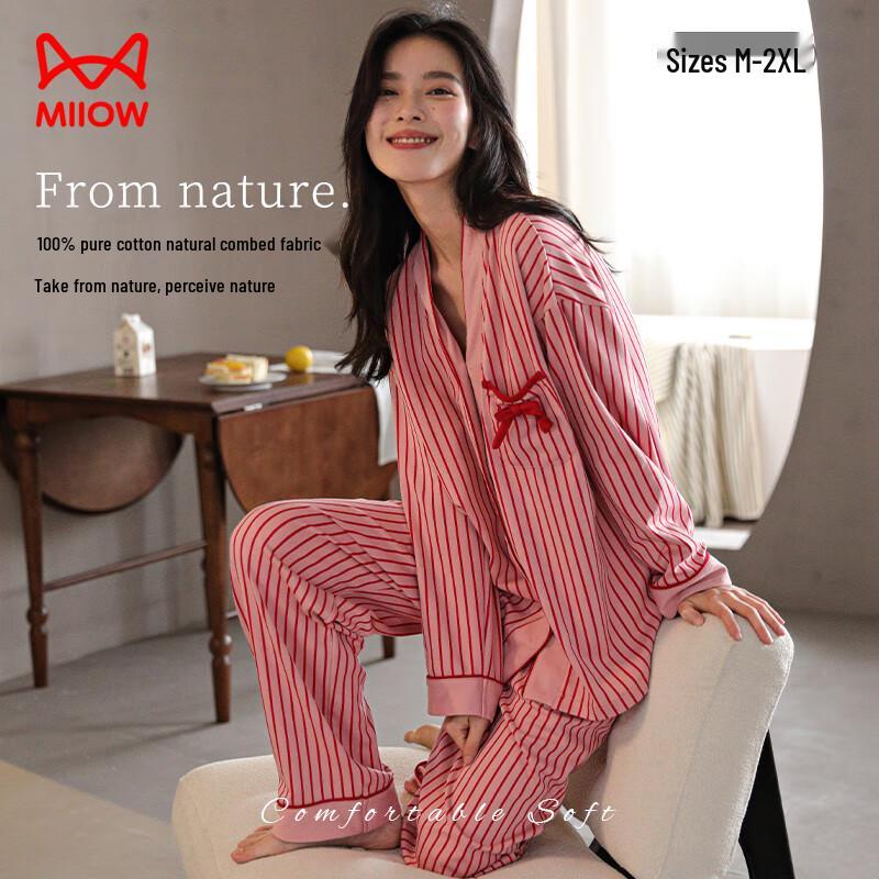 Mao Ren Women's Berry Red Striped 100% Cotton Pajama Set