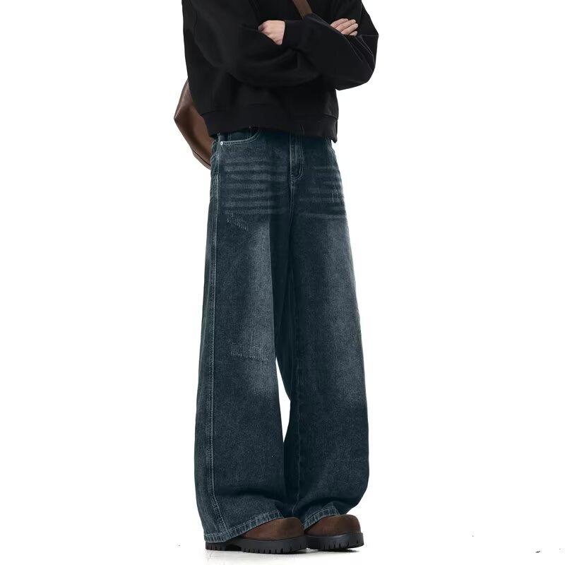 JYL Mens Jeans Black Gradient High Street Loose Straight Casual Long Denim Pants