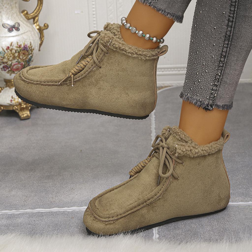 Fashion Women's Winter New Round Headed Solid Color Plush Ankle Boots, Comfortable Flat Bottomed Inner Height Increasing Women Shoes