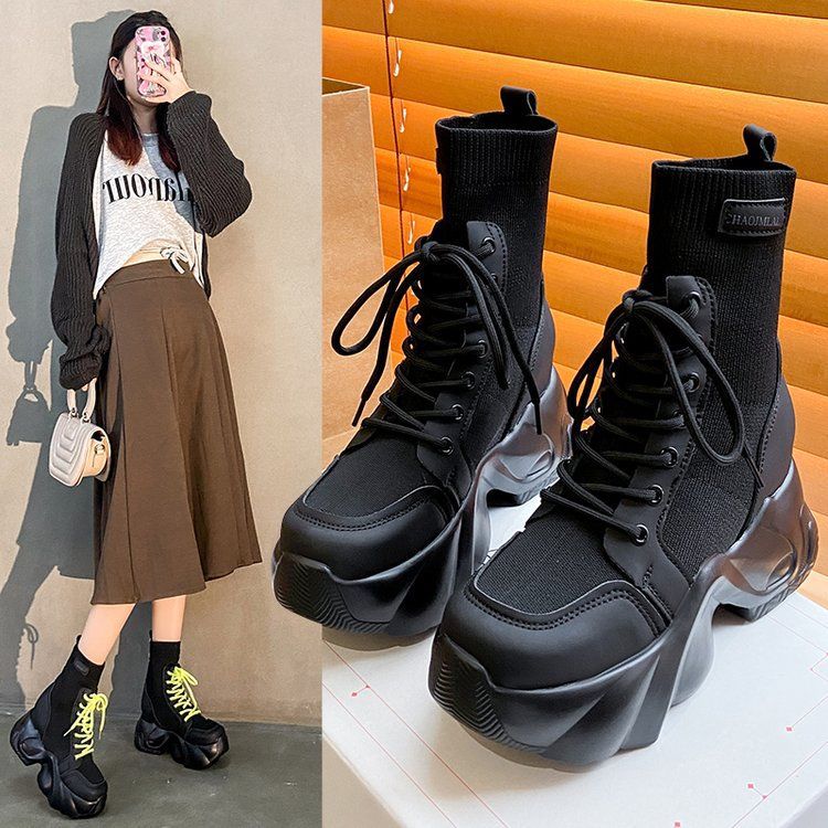 

2025 Весна Женские Ботильоны На Толстой Подошве Осенние Повседневные Ботинки Женские Ботинки На Каблуке 7 см Танкетка Ботинки Женские Кроссовки 34 чёрный