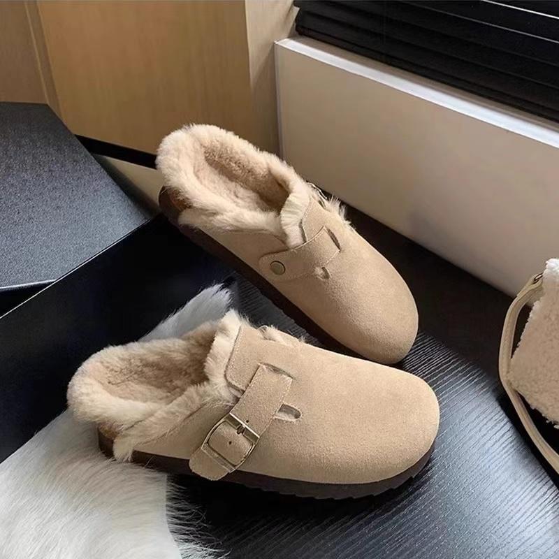 Women Suede Leather Round Toe Slippers Casual Fur Inside Warm Winter Flat Hees Sandals Woman Plush Slides Women Plus Size 42