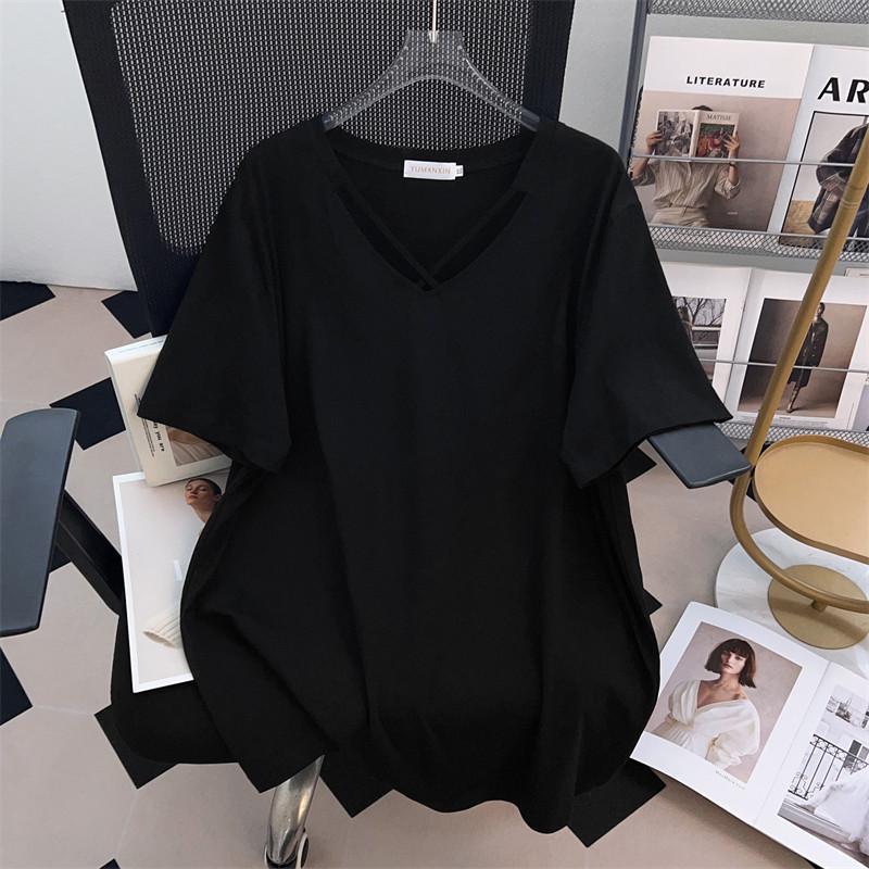Plus Size Slimming V-Neck Short-Sleeve Mid-Length T-Shirt for Women 3XL
