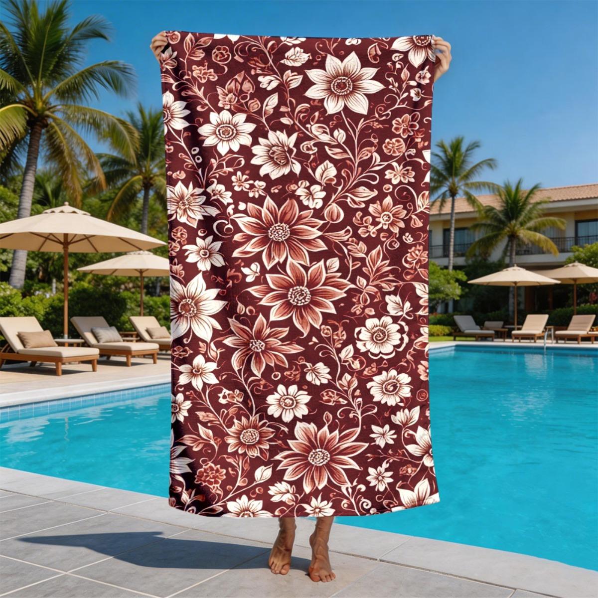 

Red wine base with vintage flowers polyester microfiber beach towel is highly absorbent, suitable for swimming and beach outings W30*H60(CM)