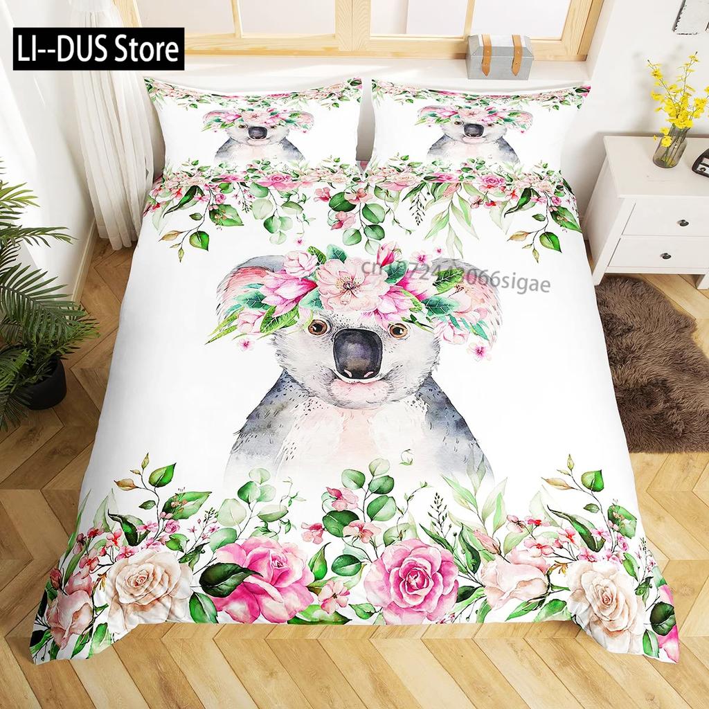 Kawaii Koala Bedding Set Full Size For Kids Boys GirlsCartoon Animal Comforter Set Quilt Duvet Green Leaves Bedroom Decor 3pcs