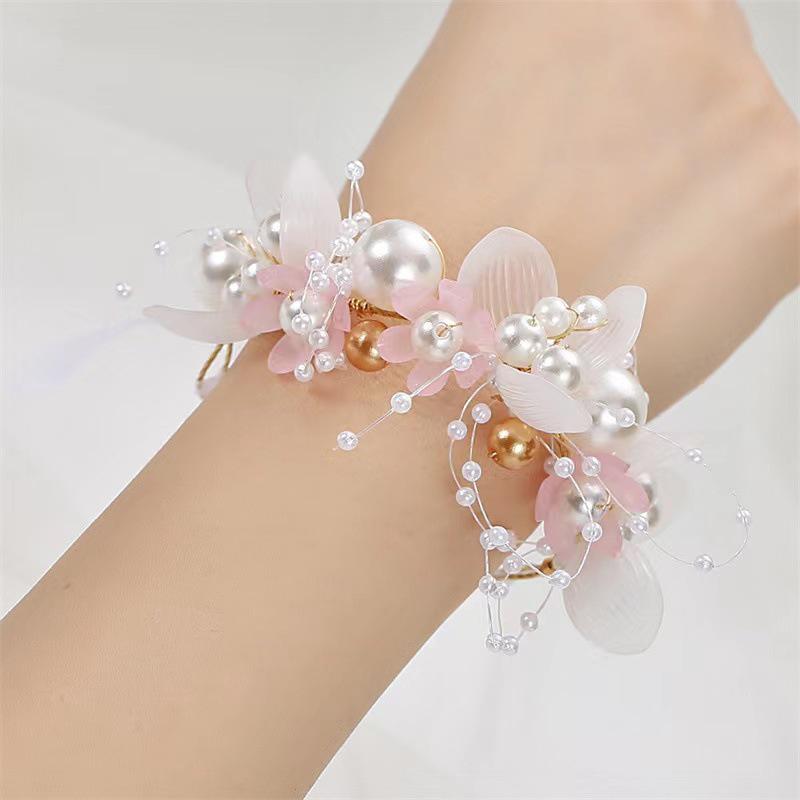 Hand-Woven Pearl Flower Bridal Headband with Golden Leaf Design