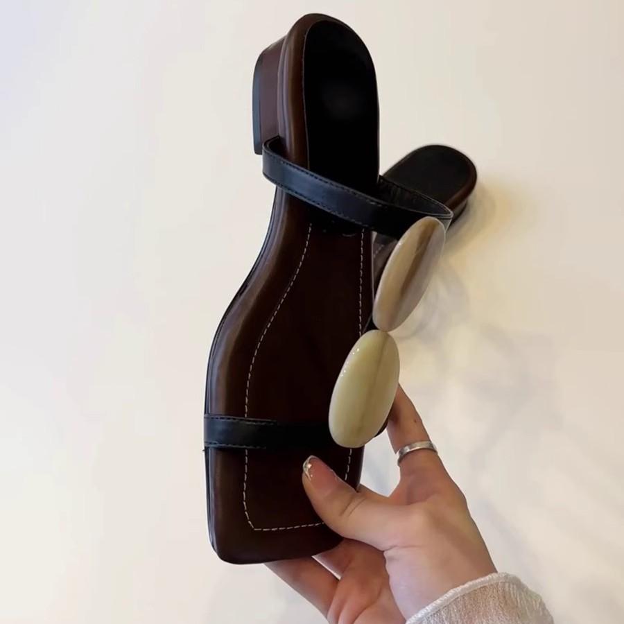 Genuine Leather~ Niche One-word Cool Slippers for Women To Wear Open-toed Square Head Flat Beach Shoes