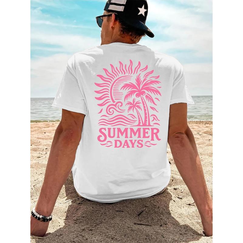 Men's Cotton Round Neck Short Sleeve T-Shirt, Summer Wave Palm Print Design, Casual Beach Vacation Style Short Sleeve for Daily Wear