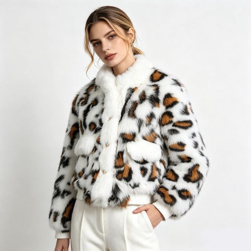 Womens Faux Fur Leopard Print Coat With Pockets Warm Winter Outerwear Long Sleeve Fluffy Jacket