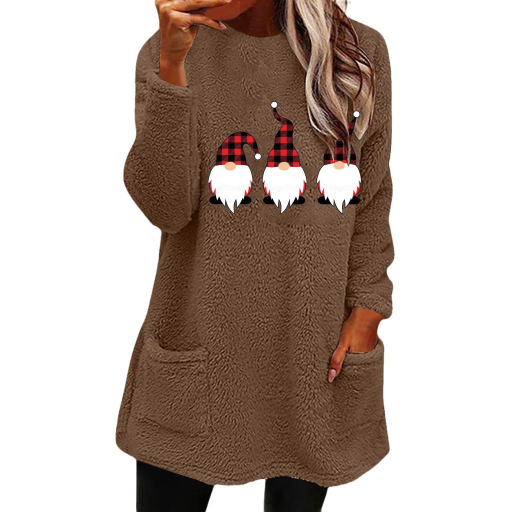 Women's Loose Long-Sleeve Christmas Santa Fleece Sweatshirt with Pockets