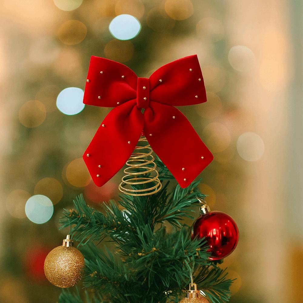 Extra-Large Christmas Tree Topper Decorative Luxurious Velvet Ribbon Bow Wine Red Star Tree Topper New Year Celebration