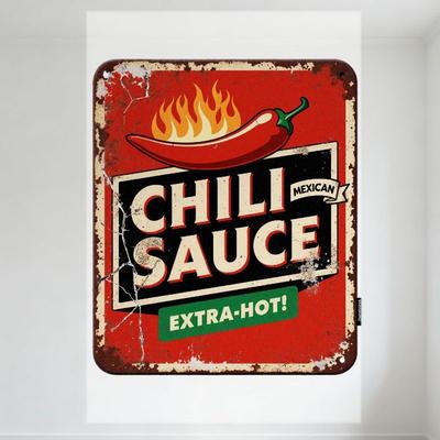 Vintage Extra-Scharfe Chilisauce Metallblechschild, Rechteckiger Roter Hintergrund mit Chilischote & Flammen, Retro Rustikales Wanddekor für
