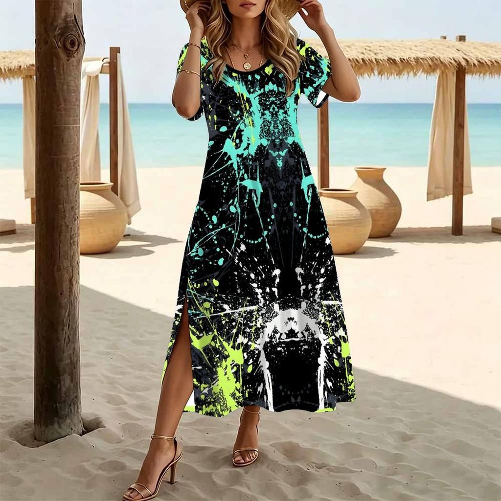 Women Fashion Round Neck Ethnic Style Patchwork Stripes Printed Short Sleeve Side Slit Dress Casual Vacation Dress Long Loose Dress
