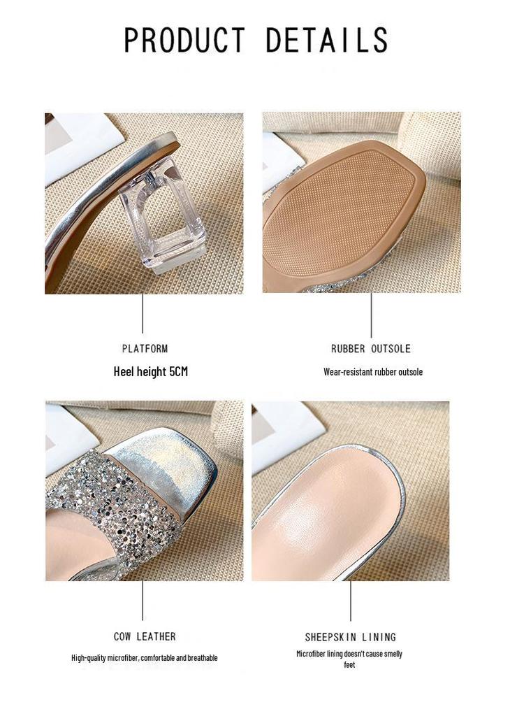 Plus Size One-Strap Rhinestone Chunky Heel Peep-Toe Sandals for Women