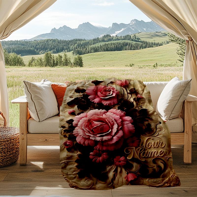 Custom Name Pink Floral Elegant Text. Flannel Fleece Blanket Cozy Warm Throw Blanket For Couch Bed Travel All Season Use