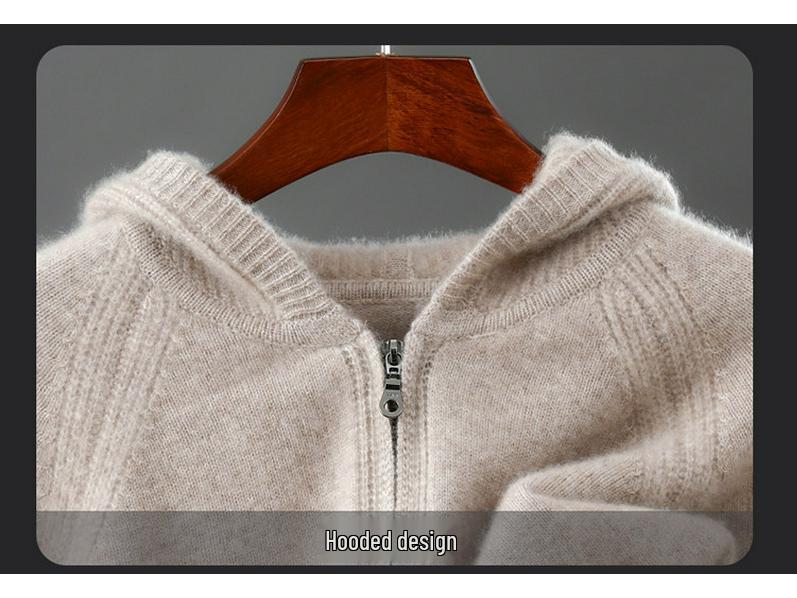 Herren Kapuzen-Reißverschluss-Strickjacke aus reiner Wolle - Dicker Strickpullover-Mantel für Freizeit oder Business
