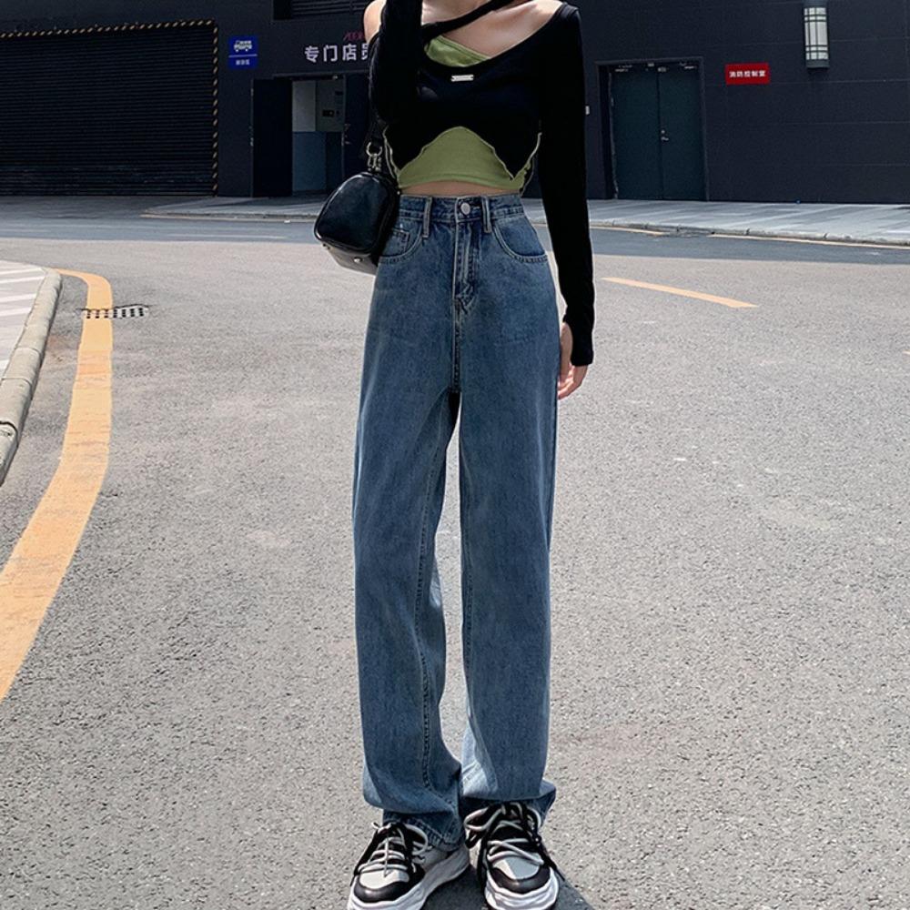 Personalized wide-leg loose jeans women's autumn and winter new high-waisted small vertical straight mopping jeans
