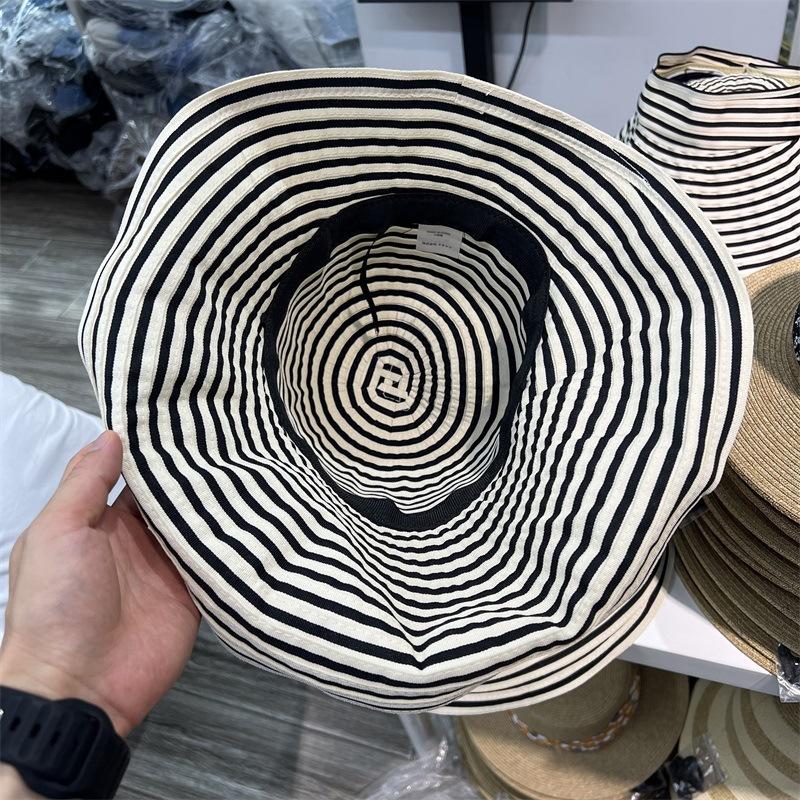 Striped big eaves bucket hat women's new front long rear short sunscreen hat foldable versatile casual show small face
