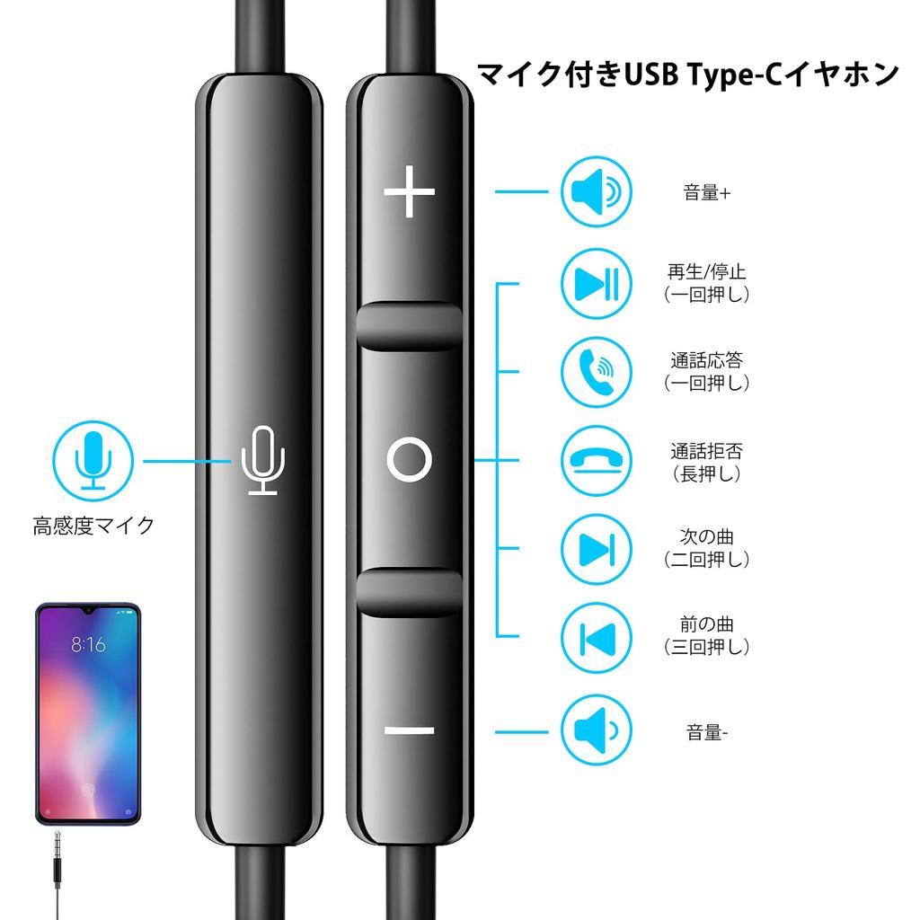 MACLE Wired Earphones with Earbuds for HiFi Sound Compatible with Sony AQUOS wish Android and Magnetic Noise Telework and Meeting Black Microphone,