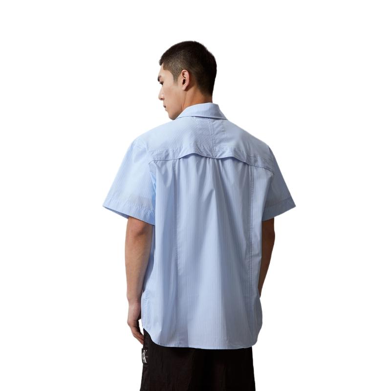 Calvin Klein Retro Letter Label Patch Pocket Striped Loose Short Sleeve Shirt Men shirts Blue J325769