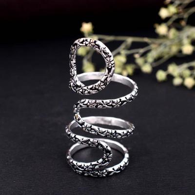 Silver Coiled Full Finger Ring | Adjustable Floral Armor Ring | Oxidized Gothic Statement Jewelry | Long Spiral Flower Knuckle Ring