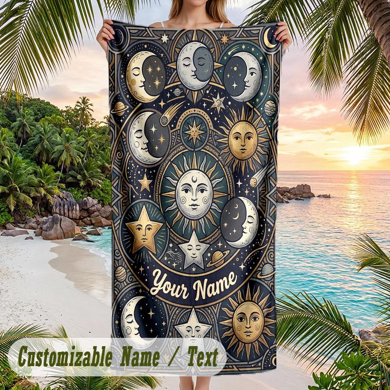 Celestial Artwork 1 Theme Quick Dry Beach Towel Custom Name Text Print Large Sand Resistant Towel Beach Vacation
