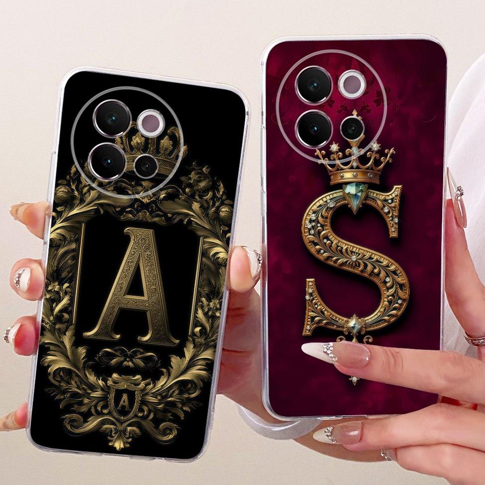 For Vivo V2341 Case For Vivo V40 Lite 5G Cover Transparent Luxury Crown A-Z Letters 2D Flat Pattern Soft Casing